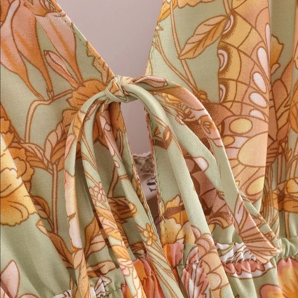 Butterfly Gardens Muted Greens Boho A Line Sleeveless Brunch Maxi Dress, Gown - Picture 13 of 16